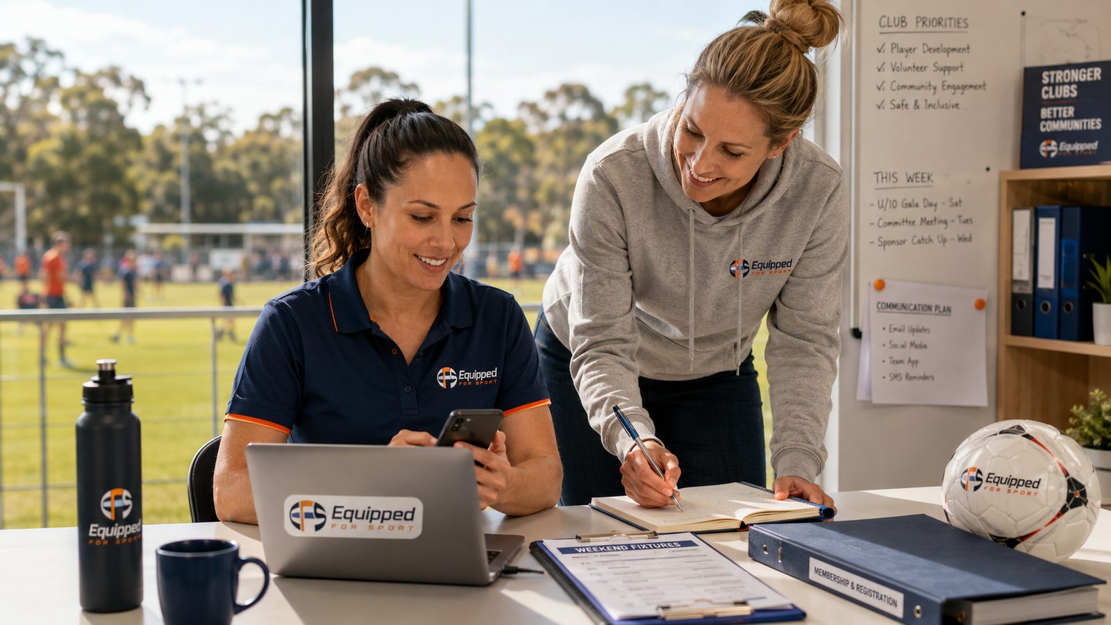 Club administrators working beside a sports field